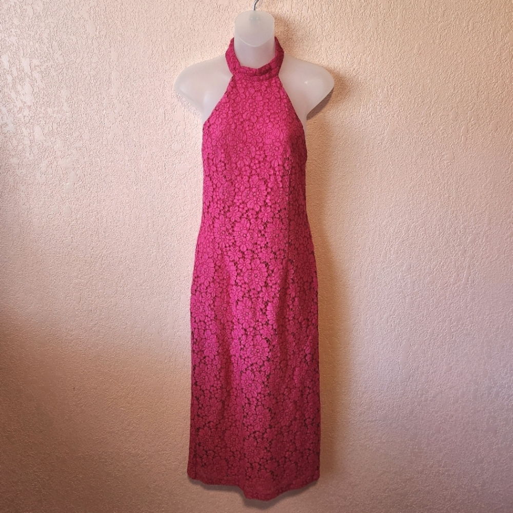 Zara Hot Pink Fuschia Halter Floral Lace Bodycon Midi Dress